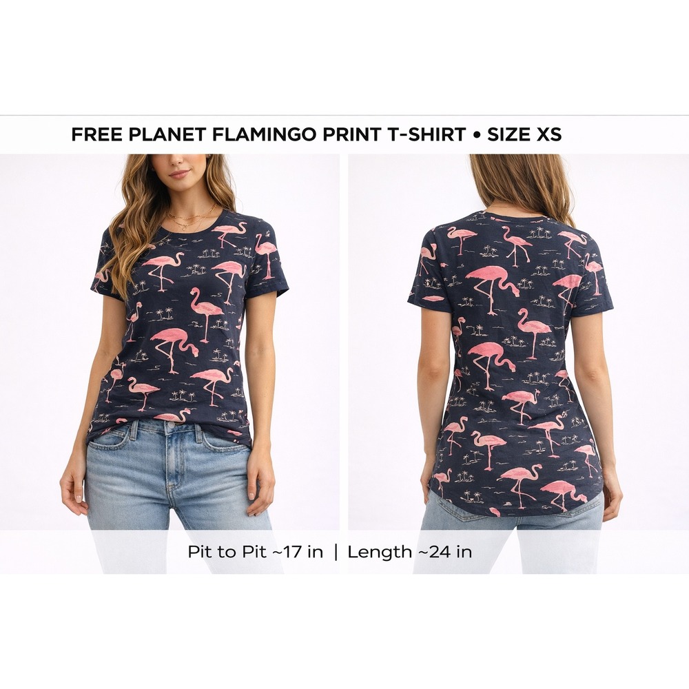 Free Planet Flamingo Print T-Shirt XS Navy Blue Pink Tropical Summer Tee